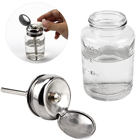 FERCAISH Botella de vidrio transparente de 110 ml, dispensador profesional de vidrio transparente con tapa abatible y escala de medición, para removedor de esmalte de uñas, alcohol u otros líquidos