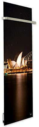 ILO/Sèche Serviette Électrique Rayonnant Mural /750w/ +28 Motifs, Esthétique/2 Barres Incluses/Extra Plat Verre/ IP44/ Vertical/WI-FI Connecté, Silencieux,Éco/Made In France/Sydney Opera