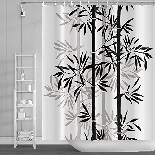 SDOTPMT 140x183cm Bambú Hojas Cortina de Ducha Negro Blanco Abstracto Bambú Planta Cortina de baño Clásico Pintura en Tinta Cortina bañera para niños Baño Tela Poliéster con Ganchos