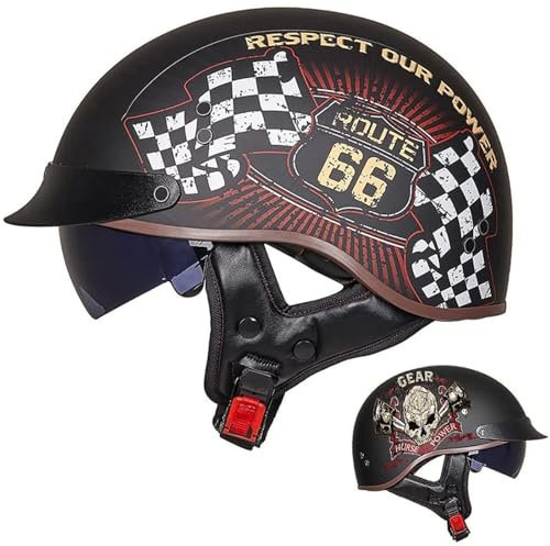 Casque Bol Jet Brain Homologué ECE - Demi-Coque Moto Vintage à Visière Intégrée pour Cruiser Chopper Scooter Cyclomoteur, A-M=(57-58cm)