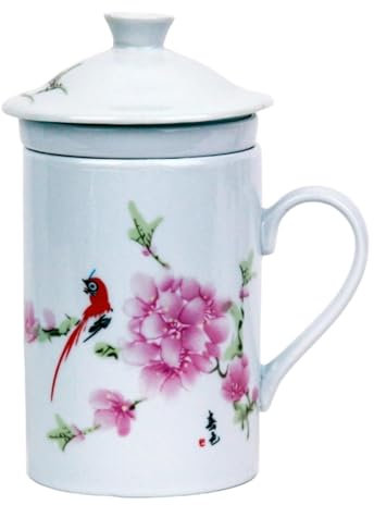 Tasse à Thé en Céramique Avec Couvercle et Passoire - Motif Chinois Perroquet - Set Cadeau en Porcelaine pour Amateurs de Thé - Emballage Cadeau Inclus