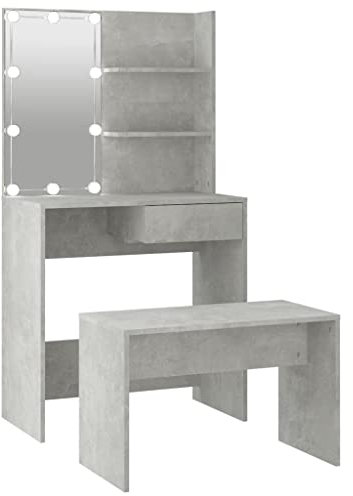 vidaXL Dressing Table Set with LED - Concrete Grey Engineered Wood Dressing Table and Stool Set with Mirror and Ample Storage - Elegant Bedroom Furniture