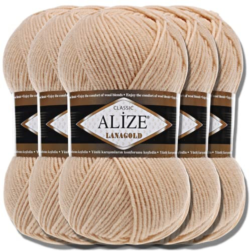 Alize 5 x 100g Lanagold Türkische Premium Wolle Baumwolle und Acryl Handstrickgarne | Yarn | Garn | Strickgarn Accessoire Baby zum Häkeln Stricken Kleidung Schals (Honey | 680)
