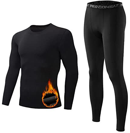 sous-Vêtements Thermiques, Ensemble de sous-vêtements Hiver Sport Respirant Combinaison Homme Fonctionnel L'entraînement Élastique Collant Automne Base Layers Chaud Léger Hauts et Pantalon-Noir, XL