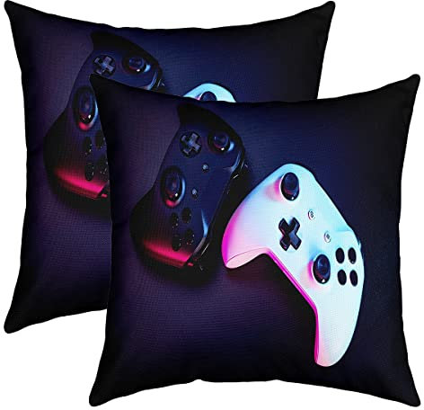 Pack of 2 Gamer Decorative Throw Pillow Covers Gaming Gamepad Square Cushion Case Set for Living Room Game Room Decor Colorful Game Console Controller White Black Pillow Cases Pillowcases 16x16 Inch