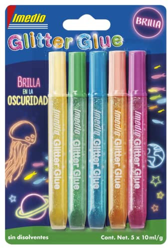 IMEDIO Glitter Glue Brilla en la oscuridad, para manualidades, colores surtidos 5x10ml