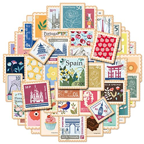 Qpout 50pcs Vintage Briefmarkenaufkleber,Vintage Scrapbook Aufkleber Pack für Wasserflaschen, Blumenaufkleber für Kind DIY Kunsthandwerk Bullet Journal