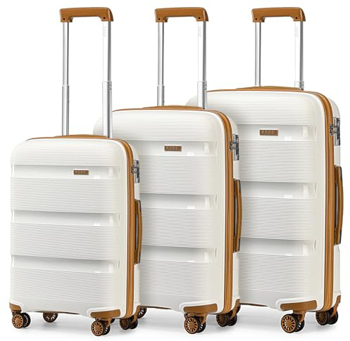 KONO Gepäcksets Koffer Trolleys Set 3 Teilig Kofferset mit TSA Schloss Polypropylen Hartschale Koffer Set 3 Stück Hartschalenkoffer Reisekoffer (Creme Weiß)