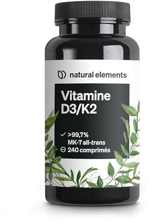 Vitamines D3 et K2 – MK-7 all-trans > 99,7% et vitamine D3 2000 U.I. – 240 comprimés – hautement dosé, haute biodisponibilité – sans additifs inutiles