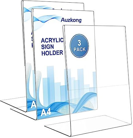 Auzkong 3 Stück A4-Schilderhalter, schräge Acryl-Schilderhalter, transparenter Kunststoff-Präsentationsständer, Acryl-Papier-Schilderhalter, Fotorahmen für Restaurants, Hotels, Menüläden, Büro