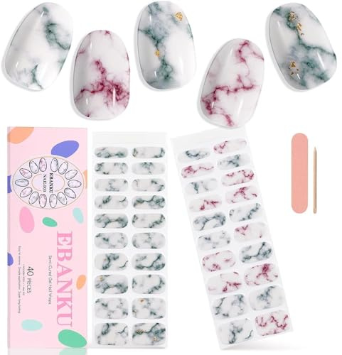 EBANKU 40 PCS Gel Nail Strips, Gel Nail Stickers with Nail File and Stick, UV/LED Lamp Required, Marble Crystal, DIY Nail Art