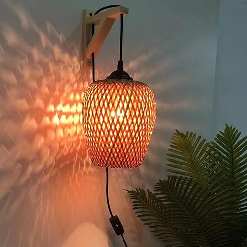 FWX Applique Murale en Bambou avec Cordon enfichable pour Chambre à Coucher et Salon luminaire Mural en rotin tissé à la Main Abat-Jour en Osier en Forme de Goutte décoration Murale