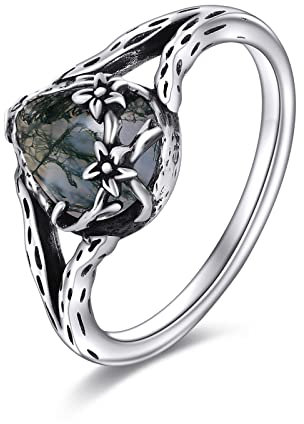 POPLYKE Moos Achat Teardrop Ring Sterling Silber Verlobungsring Grüner Edelstein Hochzeitsring für Frauen 8 Gr??e.