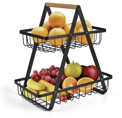 EWEMOSI Frutero con 2 niveles, frutero moderno, práctico frutero de metal para pan, verduras, aperitivos, estantería esquinera, almacenamiento de pie