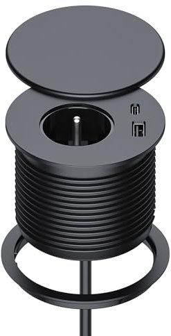 Bloc Prise Encastrable, Dinolink Multiprise Encastrable avec 1 Prise, 1 Port USB C, 1 Port USB A, 80 mm de Diamètre, 1,5M de Câble, Prise Bureau pour la Cuisine, Le Bureau, Les Meubles, Noir