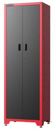 FEISTOS Hochschrank Juno Solo | 660x457x1986 mm Rot/Schwarz | Werkzeugschrank & Werkstatteinrichtung für Ordnung & Stil in der Werkstatt | Büroschrank, Vorratsschrank, Garagenschrank, Metallschrank