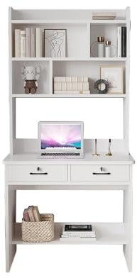ExkaTe Escritorio de Estudio de Madera Maciza con estantería integrada, Mesa de Ordenador Que Ahorra Espacio con cajones para Dormitorio o Espacios pequeños (Color: 75x50x185cm Blanco)