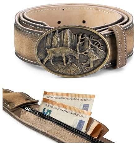 Schöneberger Trachten Couture Herren Trachtengürtel mit Geheimfach - Echtleder Lederhosen Gürtel mit Hirsch Schnalle – Ledergürtel mit Geldfach Armin (Braun,54-56)