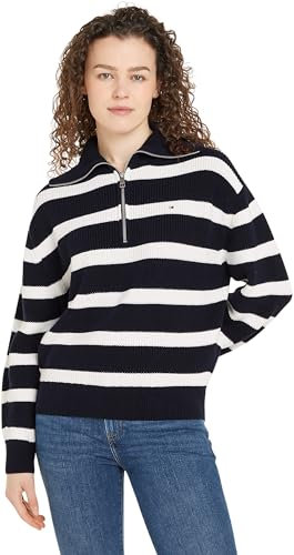 Tommy Hilfiger Women’s Half Zip Knitted Jumper, Multicolor (Desert Sky/Ivory Petal Stripe), XL