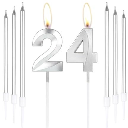 mciskin Silver 24 Birthday Candles-3D Number 24 Candle for Cake with 6pcs Long/Thin Candles Set,Silver Cake Topper for Girl Boy 24th Birthday Decorations Supplies,24th Wedding Anniversary Decorations
