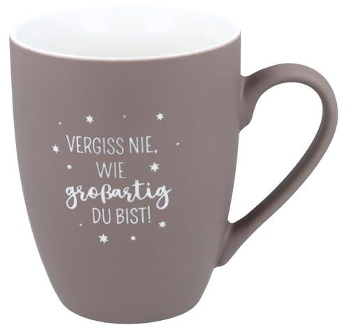 Spruchreif | Soft-Touch Tasse Taupe Vergiss nie, wie großartig du bist! – Beidseitig gravierte Tasse mit motivierendem Spruch | Geschenk für Lieblingsmenschen & Alltagshelden | 350 ml