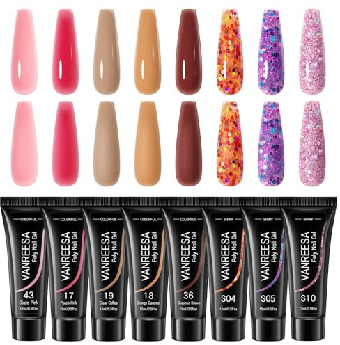 VANREESA Gel Extension Unghie Acrilico Rosa Glitter Poly Tube Gel Unghie 8 Colori 15ml Estensione Unghie, Costruzione Unghie Gel per Principiant, Regalo per Donne