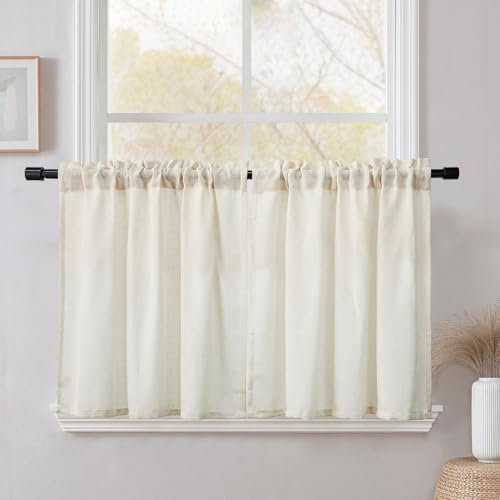 CUCRAF Kitchen Curtains True Linen 2 Panels W 48 X L 36 Natural Short Lightweight Rod Pocket Small Window Cafe Curtain for Bedroom Living Room