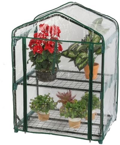 Gewächshaus mit 2 Etagen,klein Foliengewächshaus mit Regalen, aufrollbare Tür, 95x69x49cm Anzuchthaus Treibhaus platzsparend Frühbeet für Balkon,Zimmer,Garten