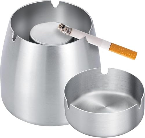 Aschenbecher für Draussen, Aschenbecher mit Deckel, Edelstahl Aschenbecher Outdoor [8,5 cm X 9 cm], Windaschenbecher Geeignet für Den Innen und Außenbereich, Draussen, Garten und Balkon - Silber