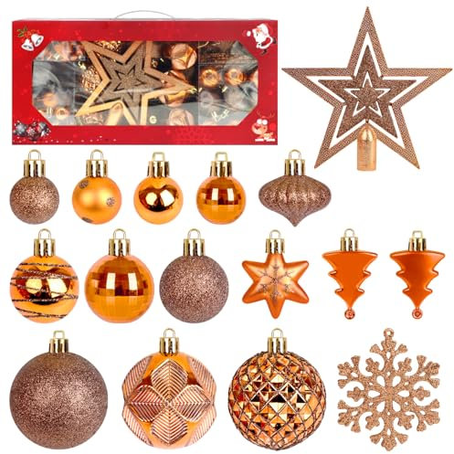 ZALAON 105 Pcs Christmas Balls, 1.2/1.5/2/2.3 Inch Bronze Shatterproof Baubles Set with Strings