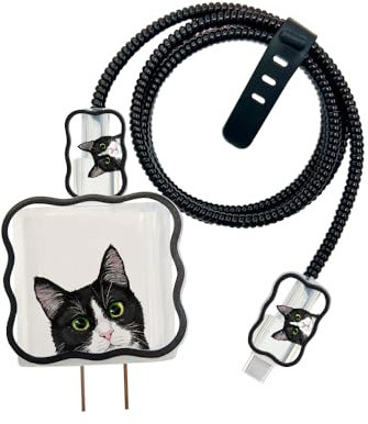 WIRESTER 5 in 1 USB-C Charger Cable Protector Set for iPhone 11-15 Pro Max, Black White Tuxedo Cat