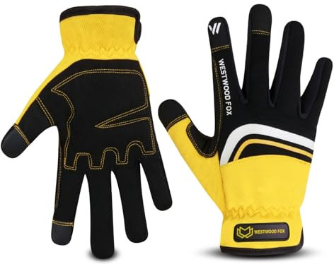 WESTWOOD FOX Gartenhandschuhe aus Leder,robuste Arbeitshandschuhe für Damen und Herren, Gartenwerkzeuge, Mechaniker, atmungsaktiv, Gärtner, rutschfeste Rigger-Handschuhe (Schwarz-Gelb, XL)