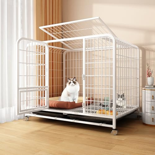 HARELA Outdoor Cat House Cat Cages Enclosure, Large Cat Catio, Outdoor Cat Enclosure on Wheels and Pull-Out Tray, with Super Large Entry Door, for Happy Feline Friends(White,78 * 55 * 70cm)