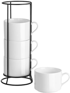 Meichu 10oz Porcelain Stackable Coffee Mugs and Metal Stand Set of 4, Espresso Cups Set for Hot Drinks, Cappuccino, Tea-White