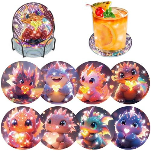 Fumupe 8 STK Diamond Painting Untersetzer Dinosaurier mit Halter, Diamond Painting Bilder Erwachsene Dinosaurier, Diamant Tassenuntersetzer mit Kork, DIY Basteln Kreativ Set Für Erwachsene Frauen