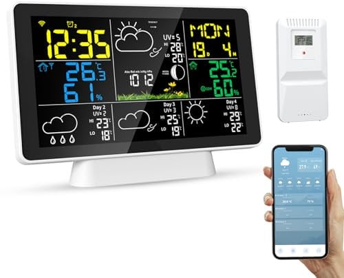 Stazione meteo WiFi radio con sensore esterno 2,4 GHz, telefono cellulare APP/WiFi, stazione meteo con orologio radio DCF, display digitale a colori, temperatura interna ed esterna, funzionamento a