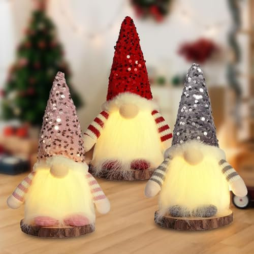 3 Stück Weihnachtswichtel Weihnachtsdekoration mit LED Licht,Weihnachtsdeko Weihnachtszwerge Plüsch-Dekorationen Leuchtende Weihnachts Wichtel Figuren Weihnachten Deko mit Beleuchtung(Pailletten)