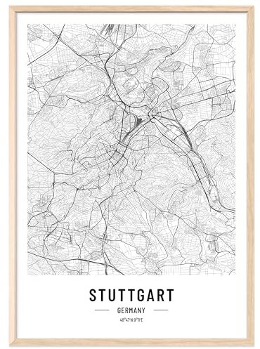 JUNOMI® Stuttgart Poster DIN A3 mit Rahmen Natur, DIN A3 Wohnzimmer Deko, Modernes Wandbild, Stuttgart Bild, Wandbild mit Rahmen, Stadtplan Poster Stuttgart, perfekte Geschenkidee für Stuttgarter