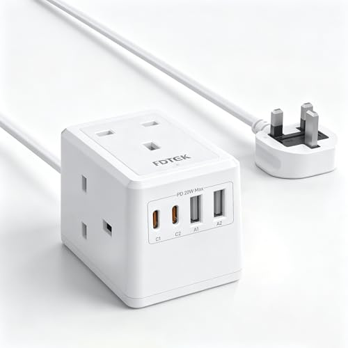 PD20W Extension Lead with USB Slots, FDTEK Mini Extension Cube with 3 AC Outlets and 4 USB Ports, UK Travel Extension Socket with 1.5M Cable, Mountable Power Strip for Home Office Cruise
