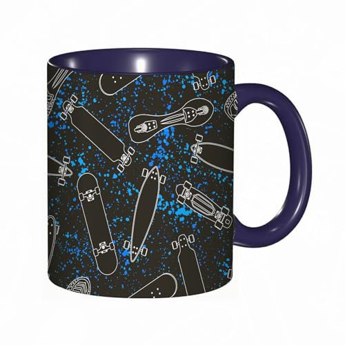 EKLMPS Becher aus Keramik, Ideal als Geschenk, Hochwertiger Aufdruck, Tasse mit Motiv, Tee Becher, Coffee Cup, 330ml,Muster mit weißem Kontur-Cartoon-Skateboard für Jungen und Mädchen auf Blob-verzier