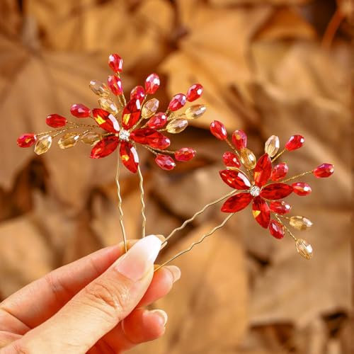 IYOU Kristall Hochzeit Haarnadeln Rot Blume Haarteil Glänzend Strass Barock Brautjungfer Braut Haarschmuck für Frauen (2 Stück)