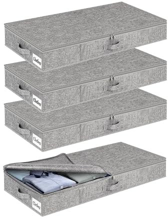 Under Bed Storage Box with Lid 4 Pack, 12cm Slim Low Profile Underbed Clothes Organiser for Home, Blanket and Toy Storage Box Under Sofa and Cot, Bedroom Organiser Bins with Lids for Clothes, Shoes