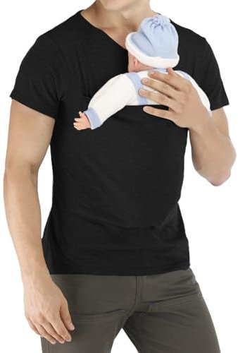 Chemise porte-bébé pour homme, t-shirt kangourou peau à peau avec pochette sécurisée, respirant, col en V, coupe ajustée pour papas, mélange de coton extensible (3,2 à 6,8 kg), coupe confortable et