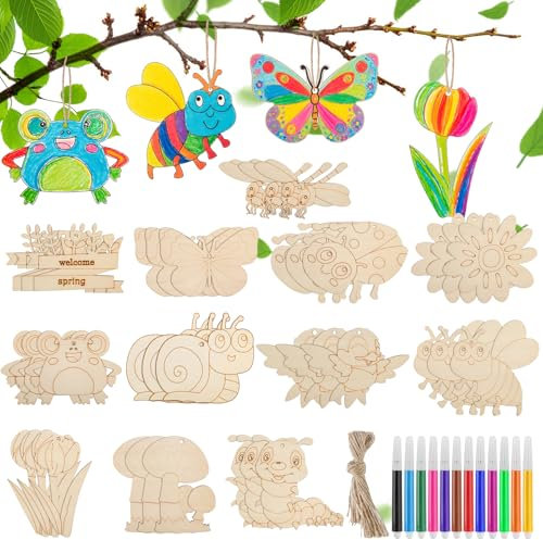 36 Stück Bastelset Kinder,12 Stile Basteln Kind-er Holzhandwerke von Vögeln, Schmetterlingen, Schnecken usw, mit Aquarellstift, Bastelsachen DIY Set Kinder für Kindergeburtstag und Heimdekoration