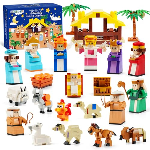 Jesus Bausteine enthält 25 Modelle: Jesus, Josef, Maria, Krippe, Kokosbaum, Engel, Hirten, Esel, Kamel, Lamm usw, Spielzeug Geschenkbox für Jungen und Mädchen, 24 Tage Weihnachts Countdown-Kalender