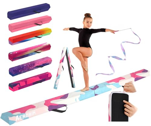 Aerobik | Klappbarer Schwebebalken 240 cm Camouflage | Stabil, rutschfest & Waschbar | Für Kinder & Erwachsene | Inklusive Gymnastikband | Original Corner