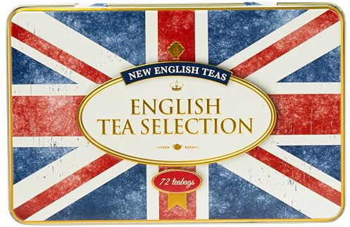 New English Teas Union Jack Flag Tea Sampler Tin with 72 Black Tea Bags | English Breakfast + Earl Grey Blends, British Souvenir Gifts
