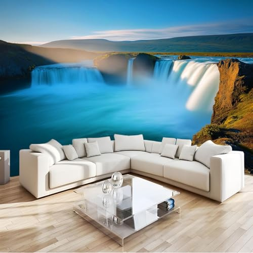 Fototapete Island Wasserfall Felsen 3D Wandbild Naturlandschaft Vlies Tapeten Wandtapete, Fotoplakat für Wohnzimmer Küche Schlafzimmer Wandkunst Art Fototapete 250 x 175 cm