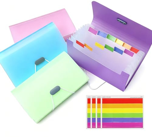 A6 Expanding File Organisers, 4 Pcs Flashcard Organiser, Folder Organiser, Day Folder with 13 Pockets, 4-Colour Document Organiser for Receipts, Cards, Bills & Travel Documents