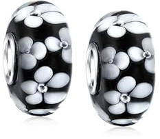 Bling Jewelry Murano Glas .925 Sterling Silber Kern Blumen Blau Grün Pink Rot Schwarz Weiß Blumen Spacer Charm Perle Passt Europäisches Armband Für Frauen Teenager